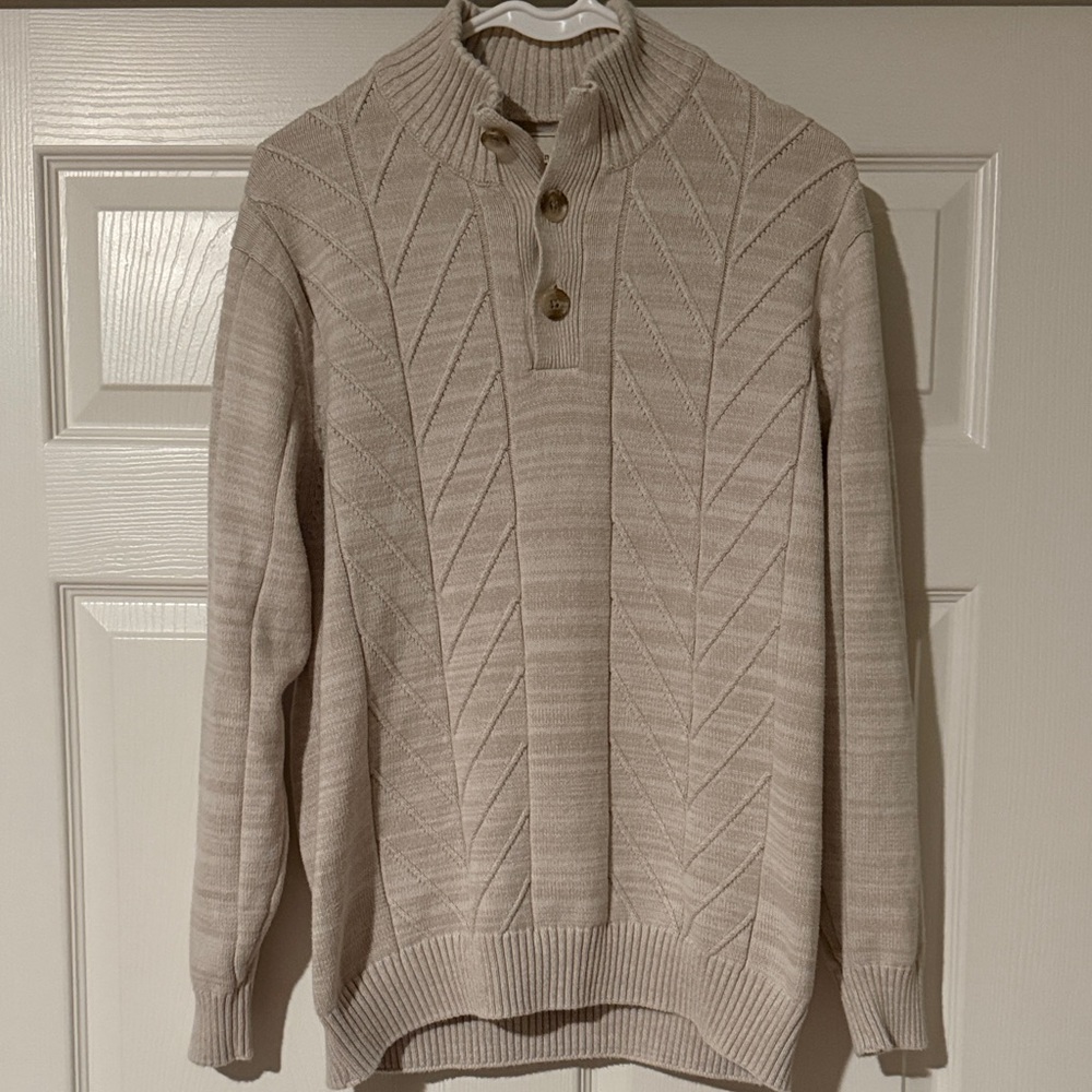 Men's Beige Crewneck Sweater with Button Accents
